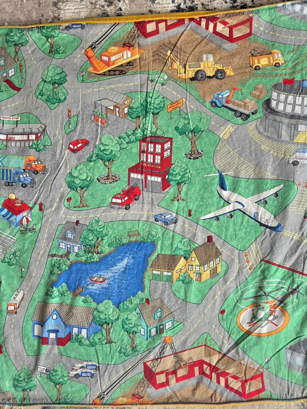 Vtg Cranston Print Works Fabric Car Play Mat Quilt Town Road Map Track Blanket